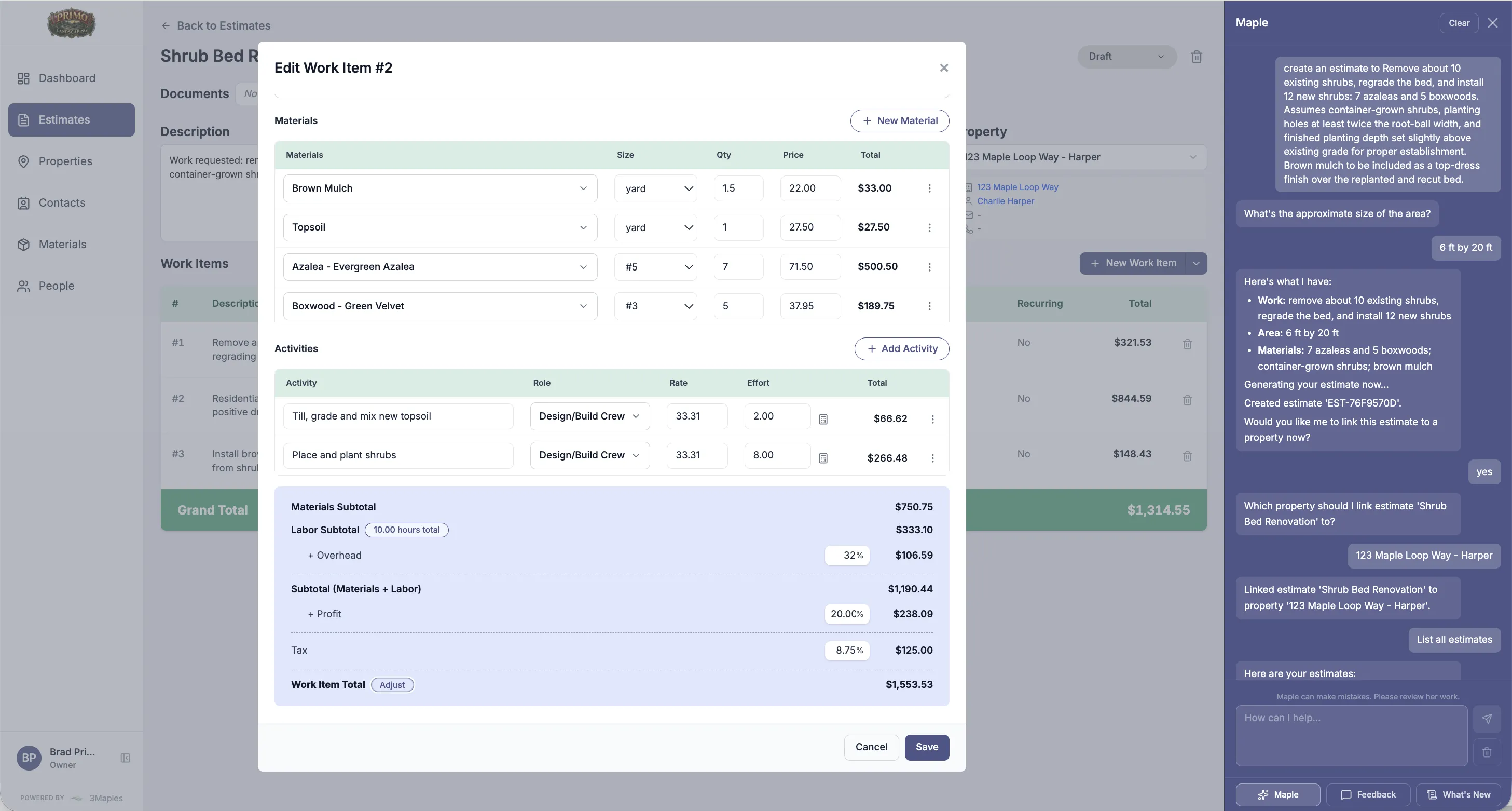 3Maples estimate work item editor with materials, activities, and totals, with the Maple chat alongside